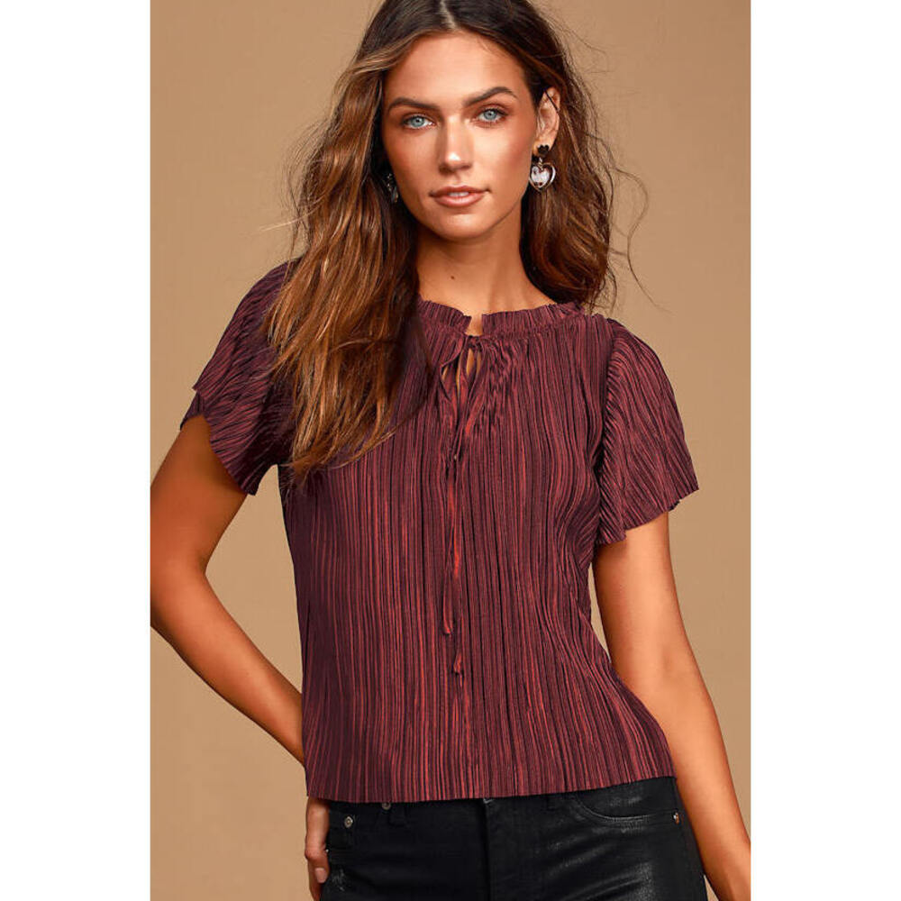 Lulus Sugar Plum Burgundy Satin Pleated Tie-neck Top Red - Size S